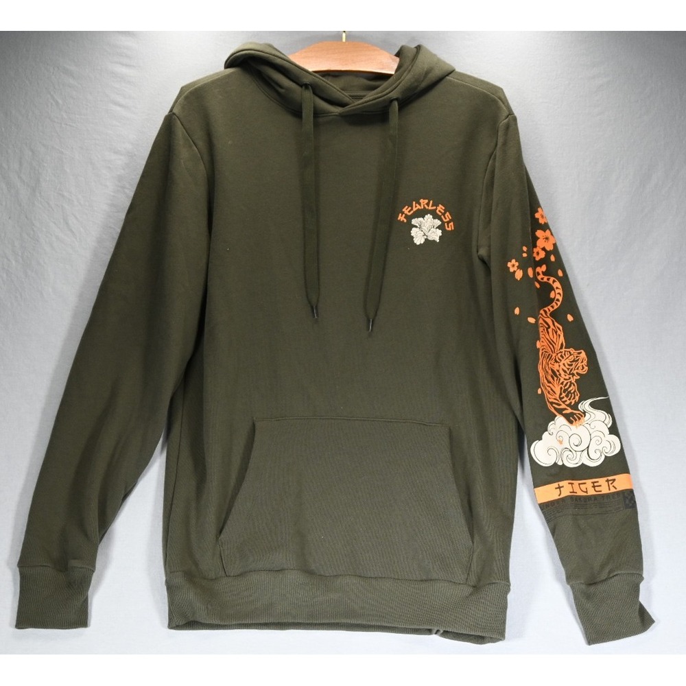 Fearless Tiger Under Sakura Tree Olive Green Cotton Hoodie Adult Small 34-36